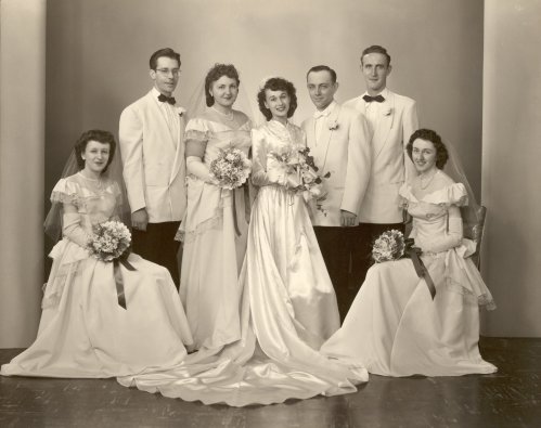 Left to right: Patricia Labuda (later Sr. Maristella), John Malone, Bea Berbach, Victoria & Frank Duntemann, William Mark, and Kathleen Duntemann