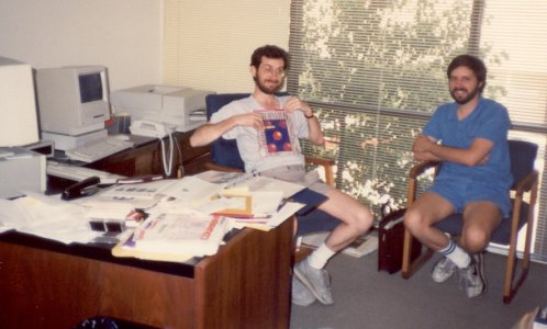 Keith Weiskamp (L) and Loren Heiny at the Gray Road offices of The Coriolis Group, February 1990