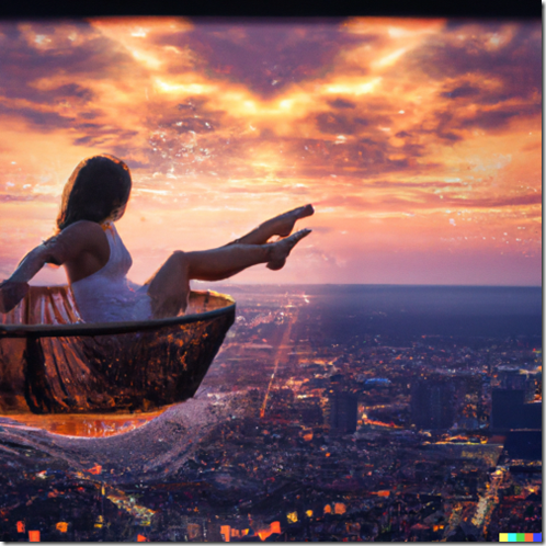 DALL·E 2023-04-23 10.05.40 - a barefoot woman sitting down inside a magical wicker basket that flies through the air at dawn over Baltimore 500 wide